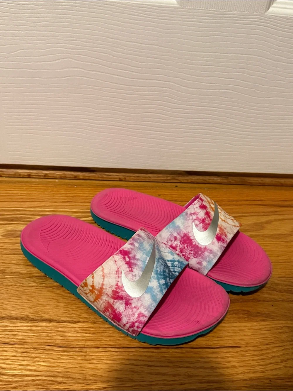 Nike Women's Pink Tie-Dye Slide Sandals with Silver Swoosh